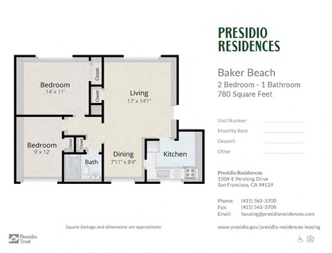 A floor plan for a two bedroom, one bathroom apartment at Presidio Residences.